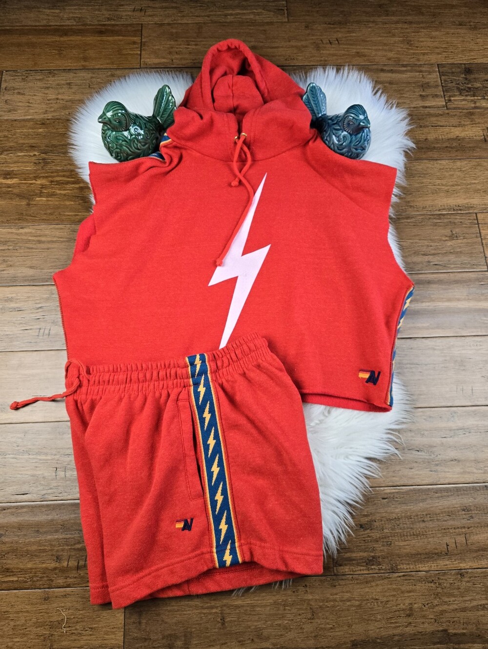 Aviator Nation RARE Bolt Stripe Sleeveless Hoodie & Lounger Short Set Medium
